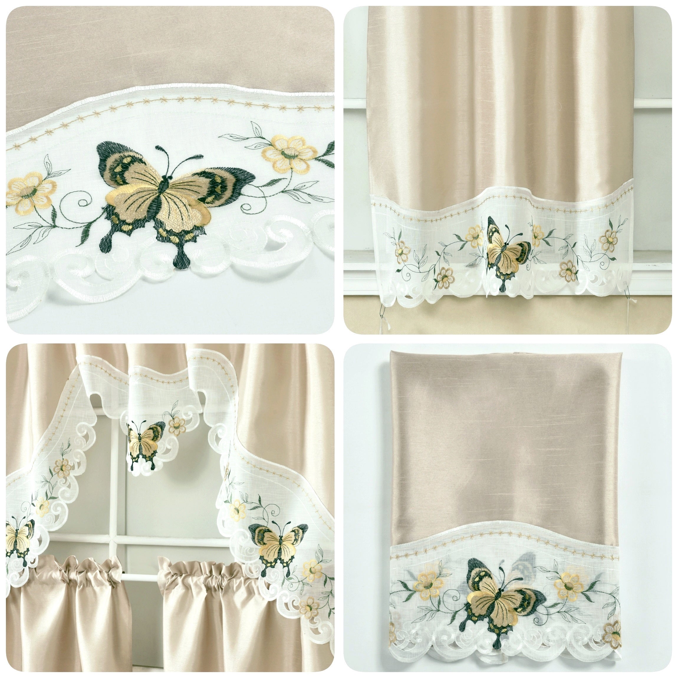 1 SET 3pcs/set Polyester plain fabric with beige floral lace, machine- pink blue gray burgundy butterfly pattern curtains, suitable for home decoration, bathroom, living room, bedroom, kitchen, outdoor decor, villa, wedding,